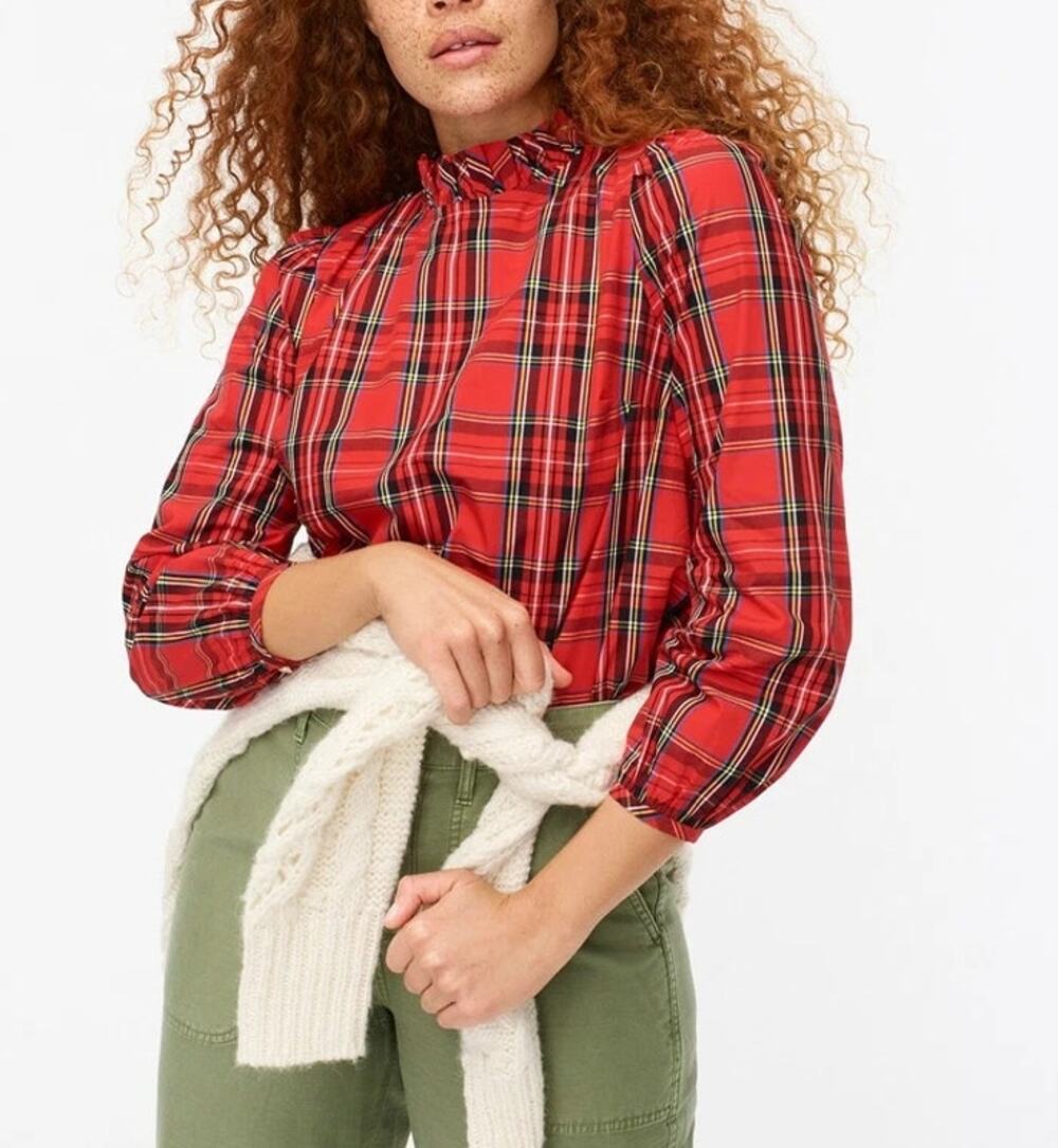 J. Crew Tartan Plaid Long Sleeve Ruffle Neck Blouse Top Red Plus 2X